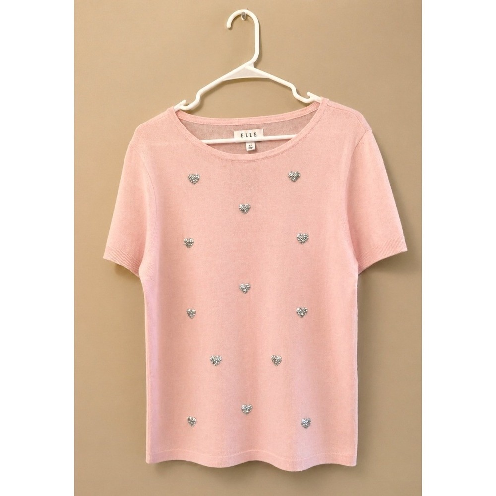 Elle Womens Pink Short Sleeve Knit Sweater‎ Silver Rhinestone Hearts Top Large